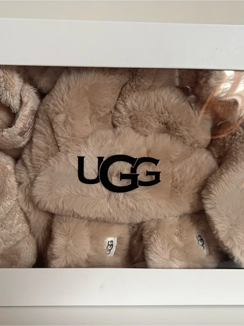 UGG Baby Tan Shearling Fur Bear Hat with Matching Bootie, and Mittens.